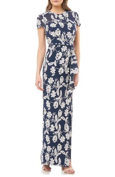 Shop Js Collections Embroidered Ruffle Drape Column Gown In Navy