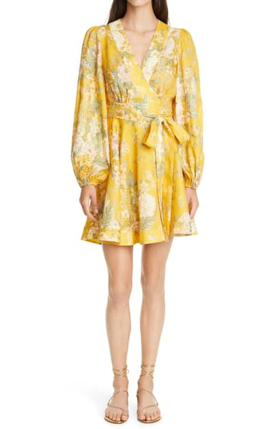 Shop Zimmermann Amelie Long Sleeve Floral Linen Wrap Dress In Amber Floral