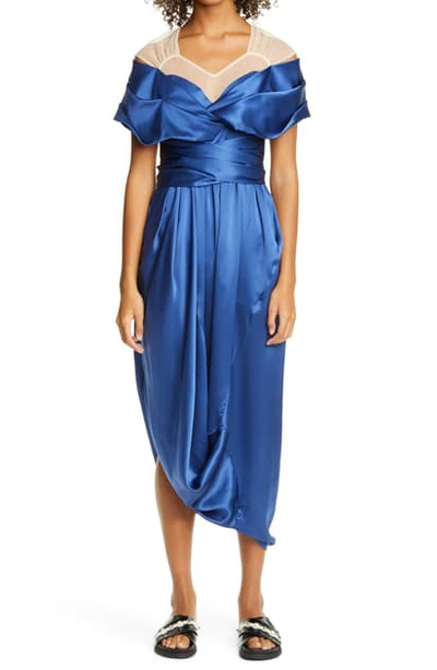 Shop Simone Rocha Asymmetrical Drape Silk Dress In Blue