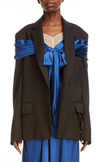 Shop Simone Rocha Drape Detail Oversize Stretch Wool Jacket In Black/ Blue