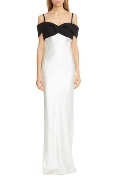 Shop Brandon Maxwell Contrast Cold Shoulder Bodice Sheath Gown In Black / Ivory