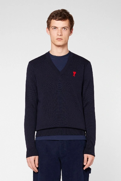 Shop Ami Alexandre Mattiussi Ami De Coeur Embroidery V Neck Sweater In Blue