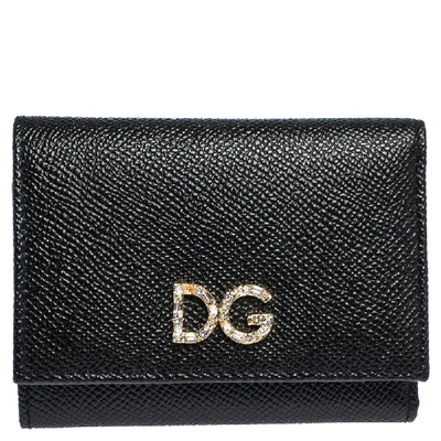 Pre-owned Dolce & Gabbana Black Leather Dg Rhinestone Trifold Wallet