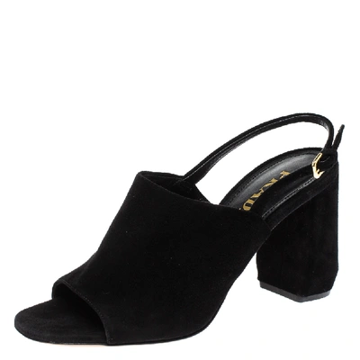 Pre-owned Prada Black Suede Slingback Block Heel Open Toe Sandals Size 37
