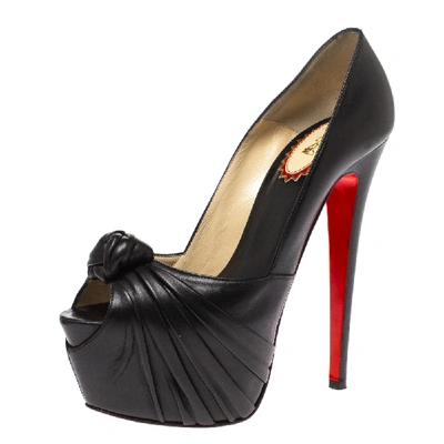 Pre-owned Christian Louboutin Black Leather Lady Gres Knotted Peep Toe Pumps Size 38.5