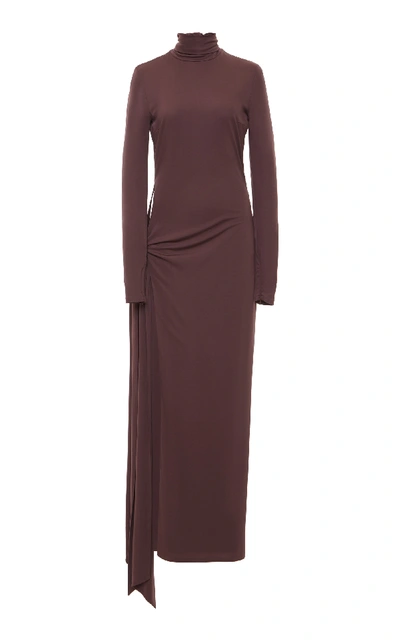 Shop Attico High Neck Draped Side-slit Dress In Brown