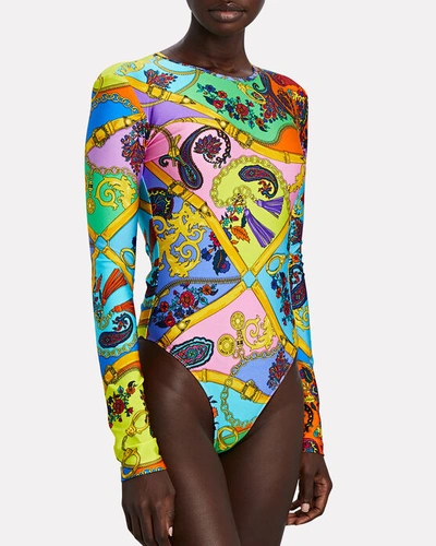 Shop Versace Jeans Couture Scarf Print Long Sleeve Bodysuit In Pink/blue