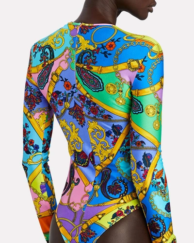 Shop Versace Jeans Couture Scarf Print Long Sleeve Bodysuit In Pink/blue