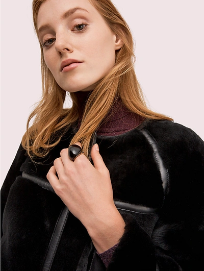 Shop Kate Spade Shearling Leather Trim Coat In Dark Winter Sky