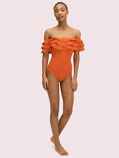 Shop Kate Spade Palm Beach Ruffle Off-the-shoulder One-piece In Hot Cherry
