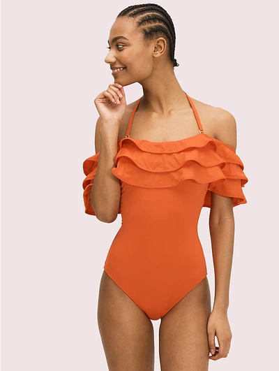 Shop Kate Spade Palm Beach Ruffle Off-the-shoulder One-piece In Hot Cherry