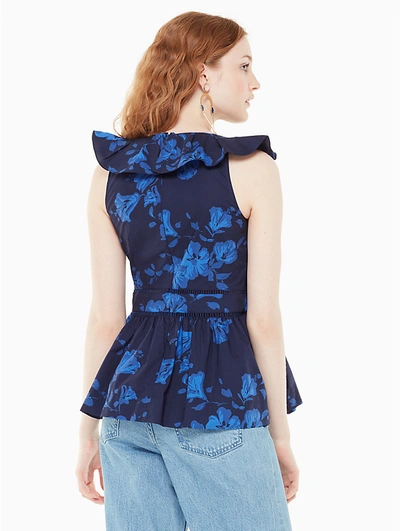 Shop Kate Spade Hibiscus Ruffle Neck Top In French Navy