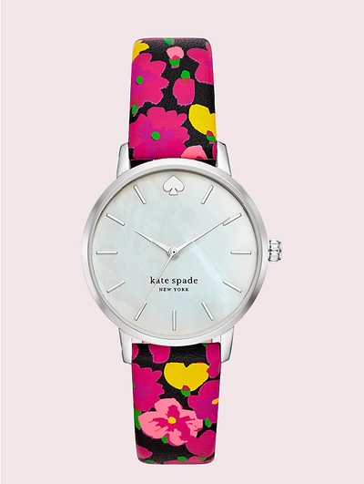 Shop Kate Spade Metro Floral Leather Watch In Black