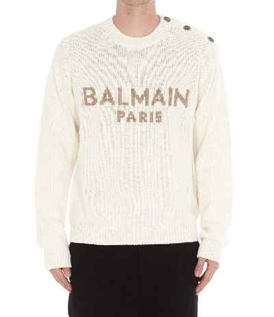 Shop Balmain Logo Intarsia Knitted Pullover In White