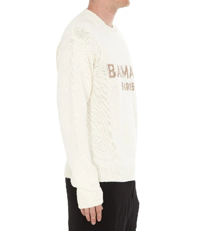 Shop Balmain Logo Intarsia Knitted Pullover In White
