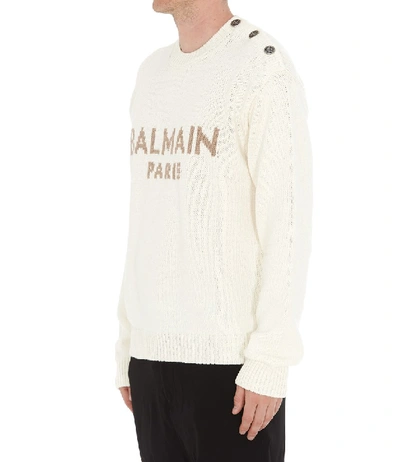 Shop Balmain Logo Intarsia Knitted Pullover In White