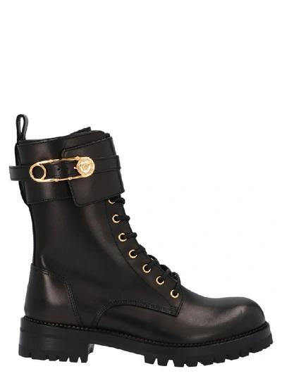 Shop Versace Safety Pin Combat Boots In Black