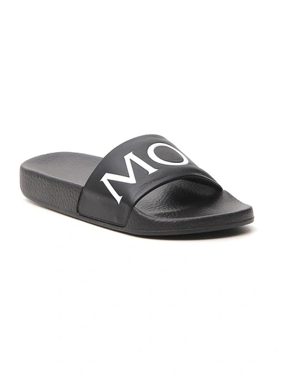 Shop Moncler Logo Slippers In Black