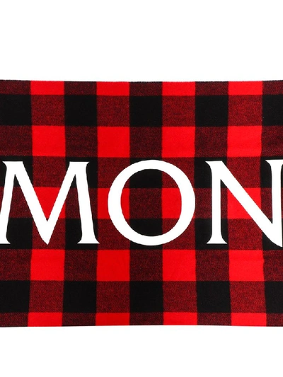 Shop Moncler Logo Print Checked Scarf In Red