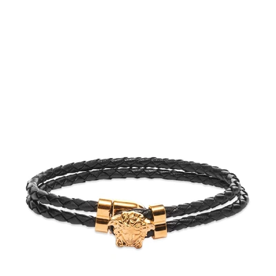 Shop Versace Leather Medusa Bracelet In Black
