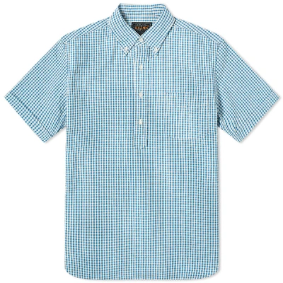Shop Beams Plus Short Sleeve Popover Indigo Seersucker Shirt In Blue