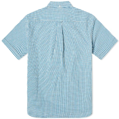 Shop Beams Plus Short Sleeve Popover Indigo Seersucker Shirt In Blue