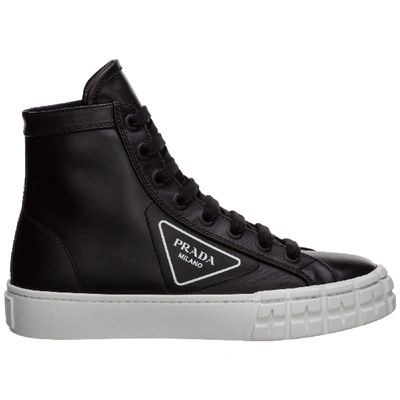 Shop Prada Women's Shoes High Top Leather Trainers Sneakers In Black