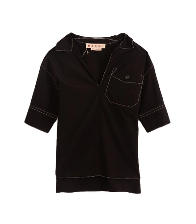 Shop Marni Cotton Poplin Short Sleeve Polo Neck Blouse In Black