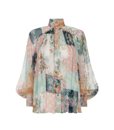 Shop Zimmermann Wavelength Smock Blouse In Patchwork Floral In Multi