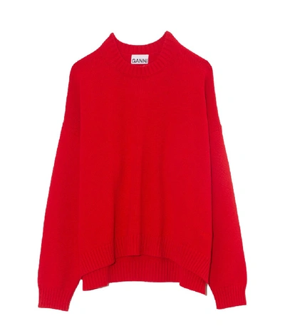 Shop Ganni Cotton Knit Crewneck Sweater In Lollipop In Red