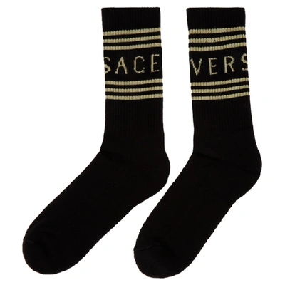 Shop Versace Black And Gold Logo Socks In I450 Black