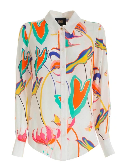 Shop Class Roberto Cavalli Joys Multicolor Print Crepe Shirt In White