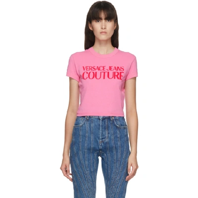 Shop Versace Jeans Couture Pink Cropped Logo T-shirt In E445 Pink