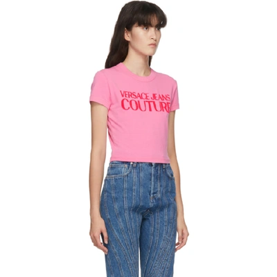 Shop Versace Jeans Couture Pink Cropped Logo T-shirt In E445 Pink