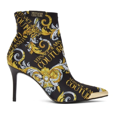 Shop Versace Jeans Couture Black And Gold Baroque Sock Boots In Em27 Bk/gol