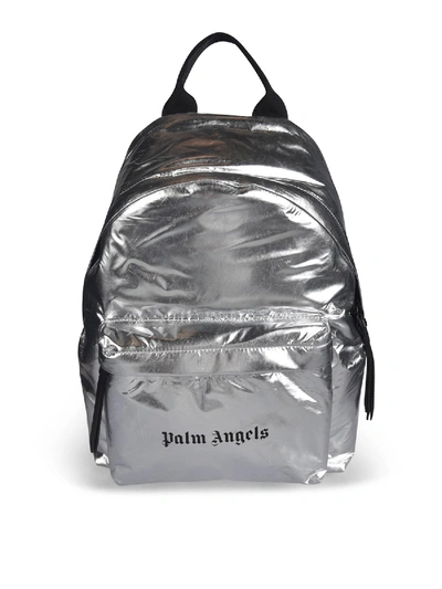Shop Palm Angels Backpack In Silver Color With Logo Print