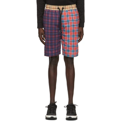 Shop Burberry Multicolor Patchwork Check Drawcord Shorts In Blue A1078