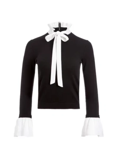 Shop Alice And Olivia Cornelia Wool & Silk-blend Tieneck Sweater In Black Soft White