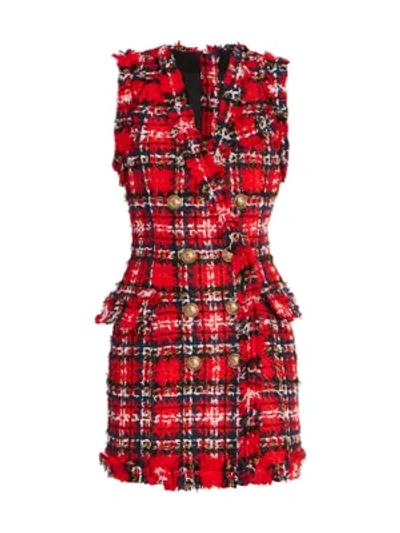 Shop Balmain Button Tartan Tweed Dress In Rouge