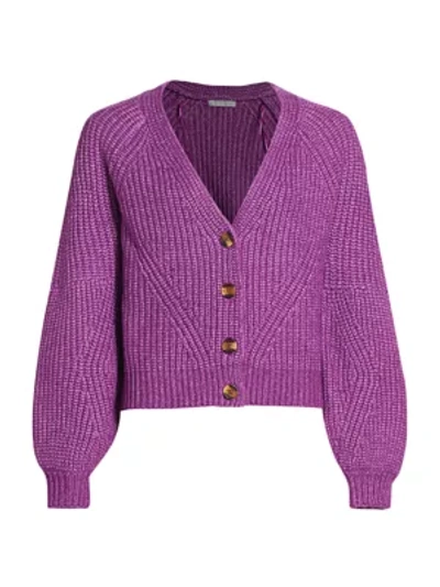 Shop Design History Knit Puff-sleeve Cardigan In Purple