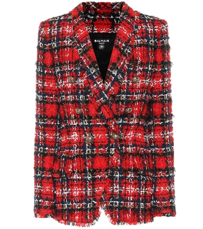 Shop Balmain Tartan Wool-blend Tweed Blazer In Red