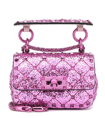 Shop Valentino Rockstud Spike Micro Glitter Crossbody Bag In Purple