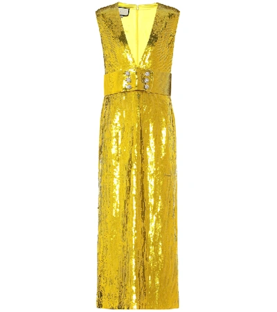 Shop Gucci Sequined Silk Satin Gown In Gold