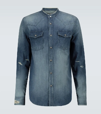 Shop Balmain Vintage Embroidered Denim Shirt In Blue