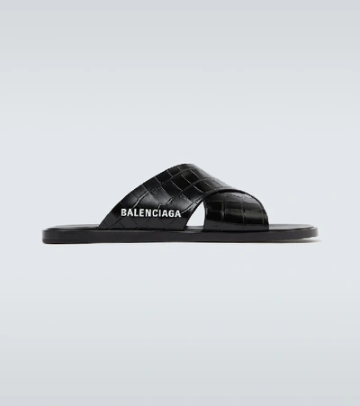 Shop Balenciaga Logo Leather Sandals In Black