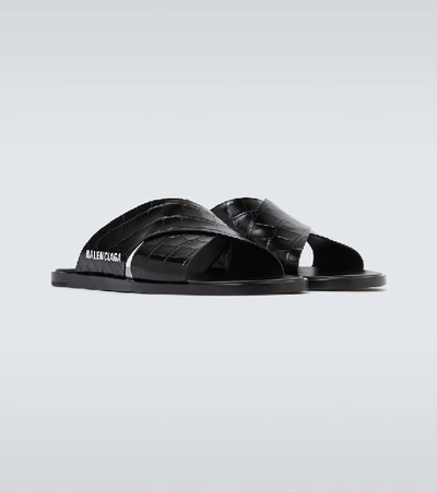 Shop Balenciaga Logo Leather Sandals In Black