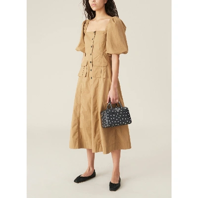 Shop Ganni Chino Puff-sleeve Dress In Tannin