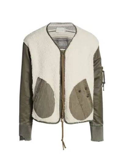 Shop Greg Lauren Faux Shearling Mix Media Jacket In Ivory Army