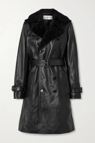 Shop Saint Laurent Shearling-trimmed Leather Trench Coat In Black