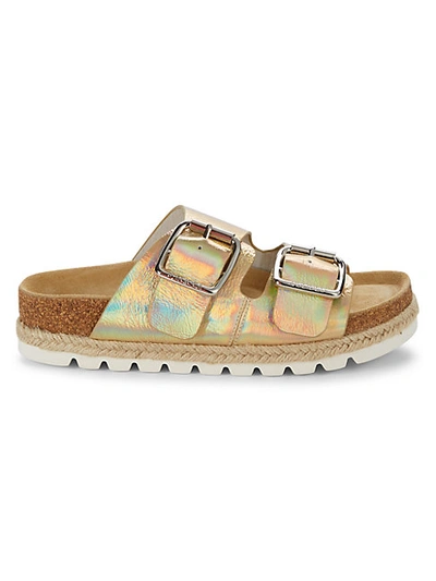 Shop J/slides Leighton Iridescent Leather Slides In Silver